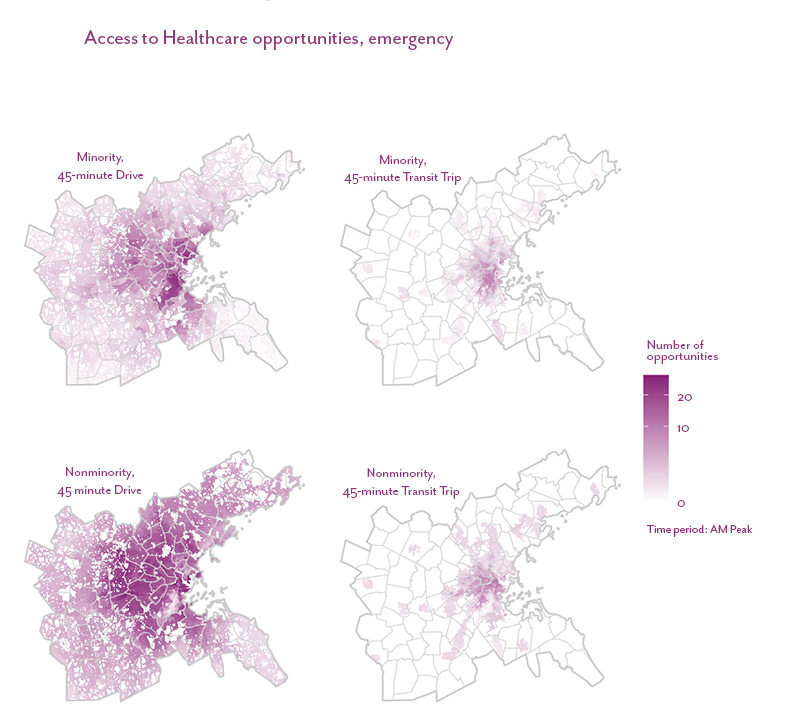 Figure 17 is a map that shows the number of emergency healthcare opportunities accessible within a 45-minute drive or public transit trip for the minority and non-minority populations living in the Boston region. 